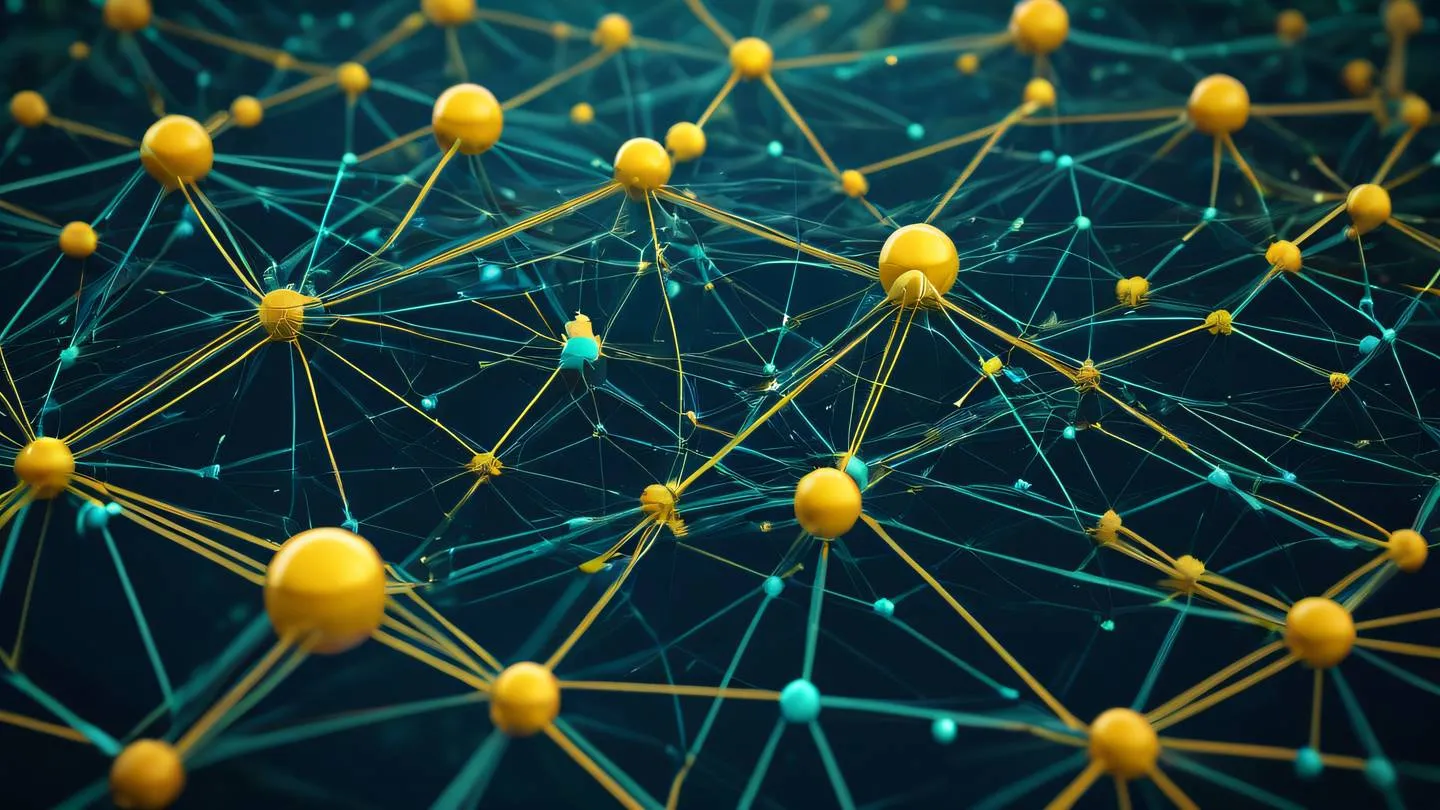 Intricate network of interconnected geometric shapes and lines in bright turquoise and golden yellow colors against deep navy background captured from isometric angle high-quality ultra-realistic cinematic 8K UHD high resolution sharp and detail