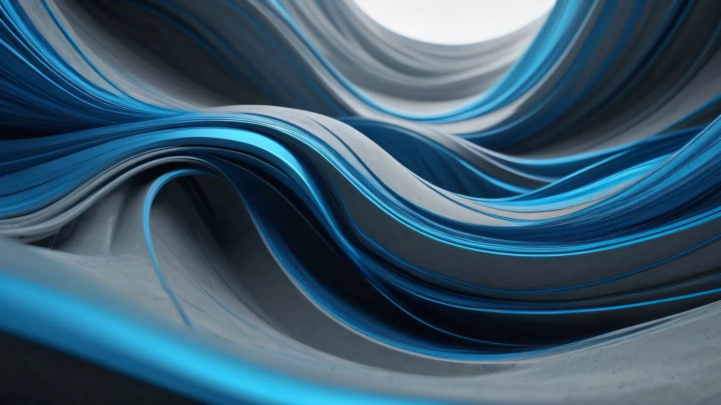 Dynamic flow of abstract digital waves in bright concrete gray and electric blue colors weaving through space shot from low angle perspective high-quality ultra-realistic cinematic 8K UHD high resolution sharp and detail