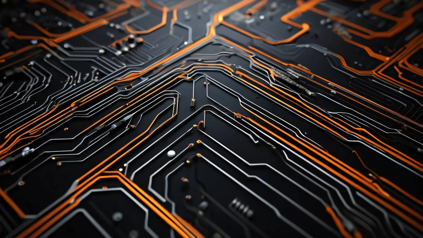 Futuristic abstract patterns of interconnected circuits in bright clay orange and cool white colors against black background photographed from dutch angle high-quality ultra-realistic cinematic 8K UHD high resolution sharp and detail