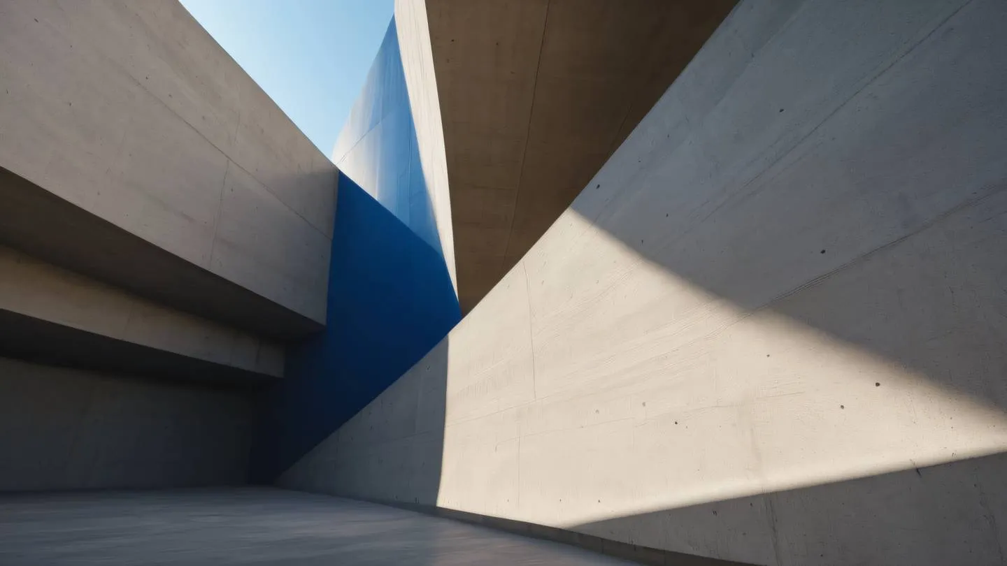 Modern abstract concrete architecture featuring clean lines and geometric shapes natural sunlight casting dynamic shadows contemporary brown and sapphire blue color scheme shot from low angle perspective high-quality ultra-realistic cinematic 8K UHD high resolution sharp and detail