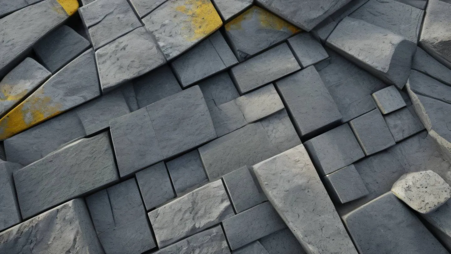 Sculptural stone texture arrangement in abstract form layered geometric patterns neutral and gray tones with hints of sunshine yellow photographed from straight-on perspective high-quality ultra-realistic cinematic 8K UHD high resolution sharp and detail