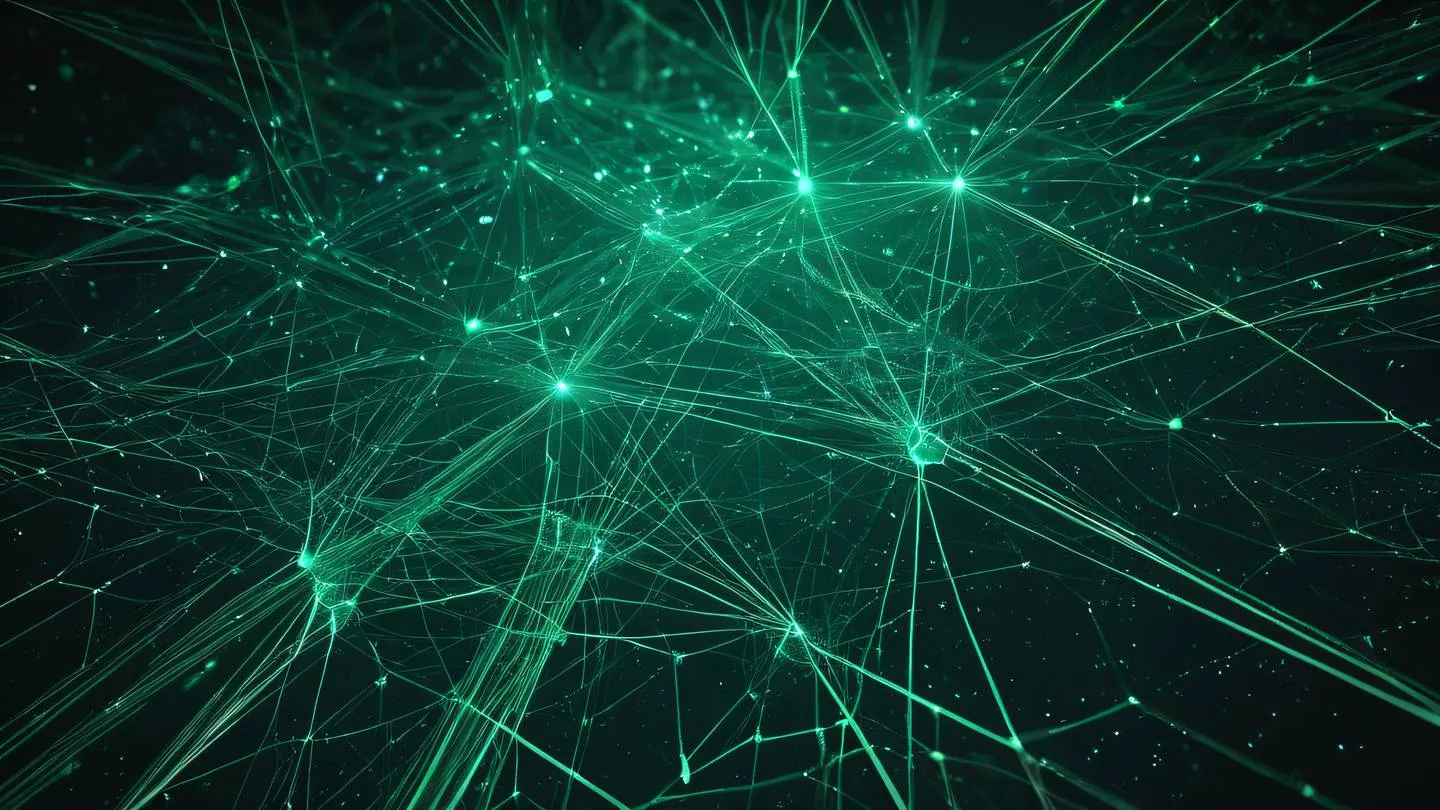 Abstract geometric network connections forming a web-like structure floating in space with bright emerald and cream colors intertwining sharp details highlighting data flow patterns captured from a top-down perspective high-quality ultra-realistic cinematic 8K UHD high resolution sharp and detail