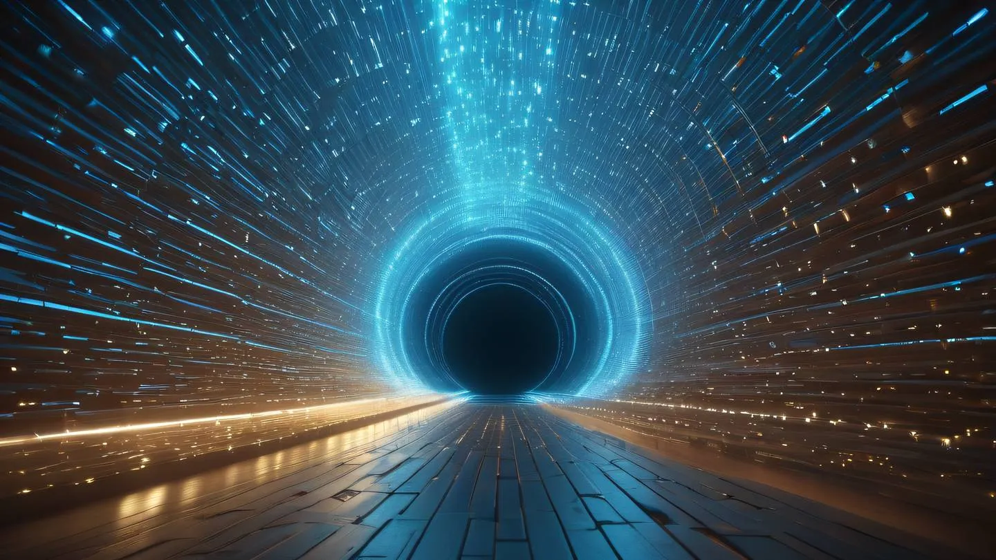 Flowing data streams visualized as light rays traveling through a crystalline tunnel dominated by bright blue and walnut brown tones captured from a dramatic low angle perspective high-quality ultra-realistic cinematic 8K UHD high resolution sharp and detail