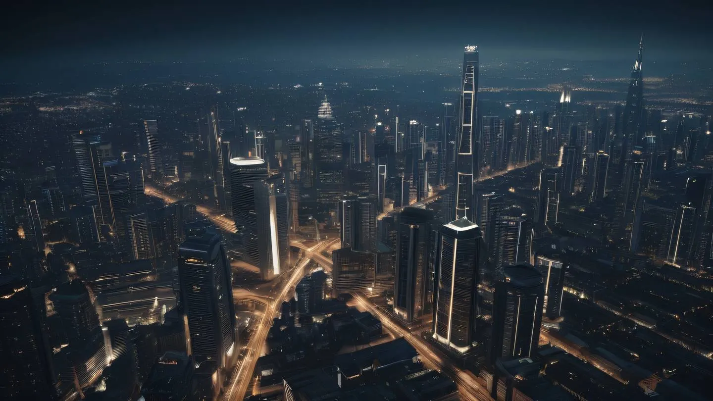 A futuristic city skyline with interconnected buildings glowing with rich iron and cream colored lights streaming between structures photographed from a bird's eye view high-quality ultra-realistic cinematic 8K UHD high resolution sharp and detail