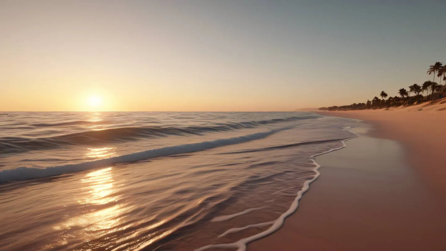 Abstract flowing data visualization resembling a peaceful beach scene at sunset with gentle waves rendered in Umber and mahogany tones meeting a bright cream colored horizon captured from a wide angle perspective high-quality ultra-realistic cinematic 8K UHD high resolution sharp and detail