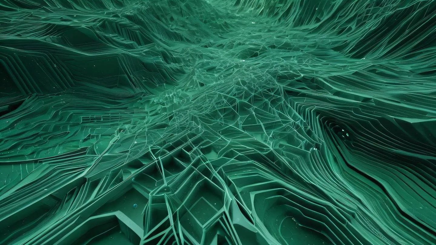 An abstract geometrical representation of data flowing through crystalline structures featuring sage green and emerald patterns interweaving like digital rivers shot from a top-down perspective high-quality ultra-realistic cinematic 8K UHD high resolution sharp and detail