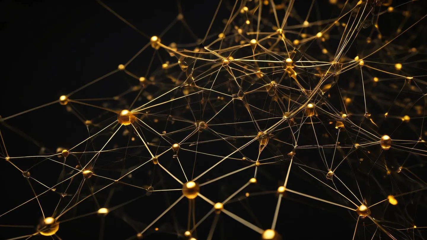 An abstract network of interconnected nodes resembling a neural network with amber and golden connections glowing against a deep black background captured from a diagonal angle high-quality ultra-realistic cinematic 8K UHD high resolution sharp and detail