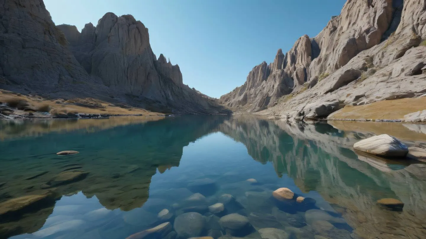 A serene landscape featuring a crystal-clear lake reflecting baby blue skies surrounded by natural rock formations shot from a low angle perspective high-quality ultra-realistic cinematic 8K UHD high resolution sharp and detail