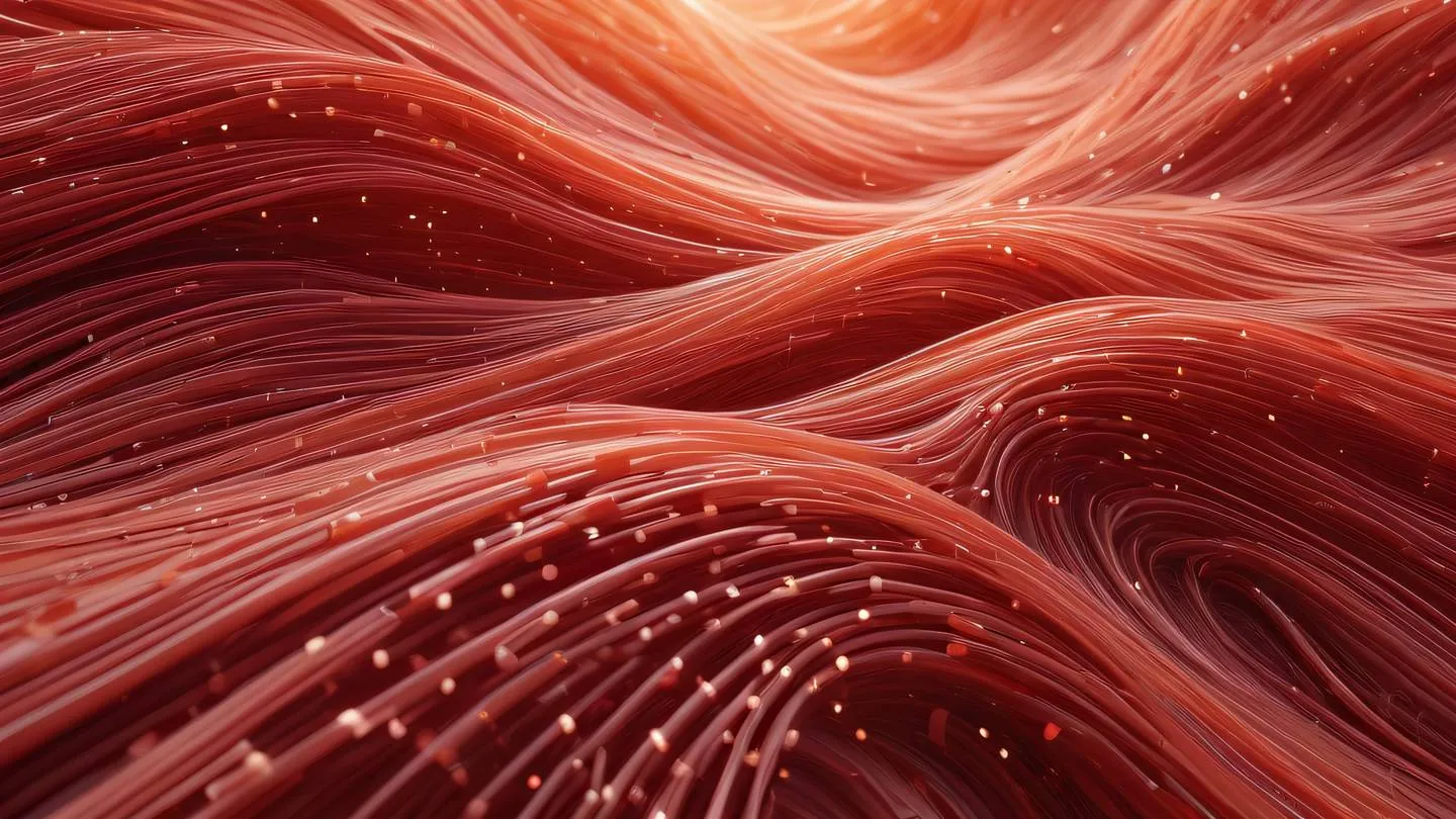 An abstract composition of flowing data streams and binary patterns in salmon-orange and peach colors intertwining with ruby red accents viewed from a bird's eye perspective high-quality ultra-realistic cinematic 8K UHD high resolution sharp and detail