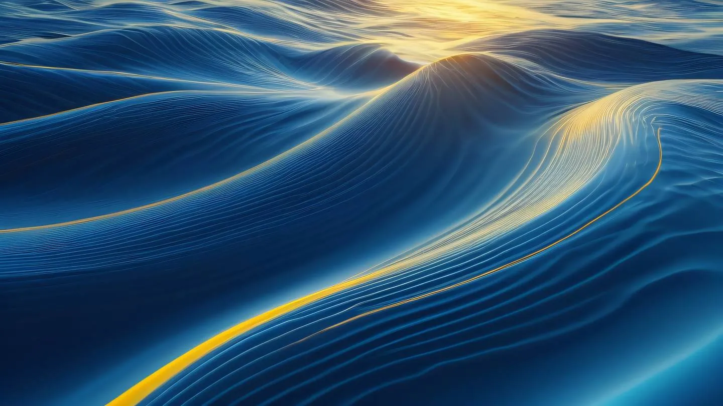 Abstract flowing waves representing time zones and global connectivity with vibrant sapphire blue and sunshine yellow gradients intertwining in smooth curves shot from top-down perspective high-quality ultra-realistic cinematic 8K UHD high resolution sharp and detail