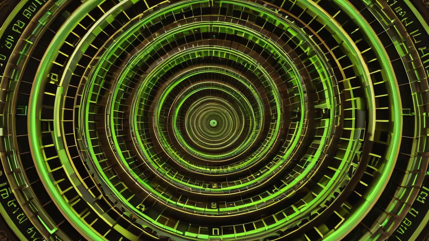 Geometric circular patterns representing clock faces and calendars contemporary brown and fluorescent green color scheme arranged in a spiral formation captured from a 45-degree angle high-quality ultra-realistic cinematic 8K UHD high resolution sharp and detail