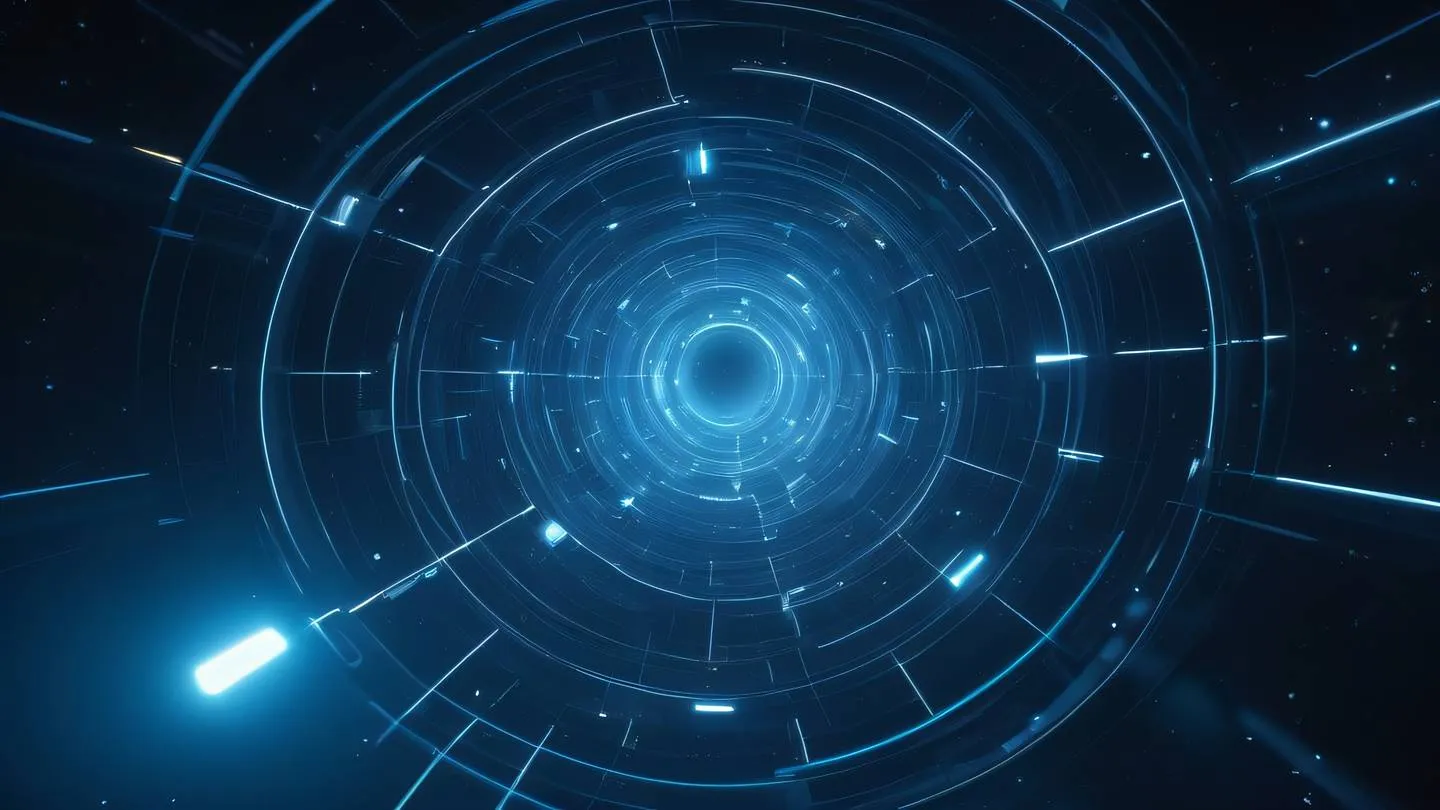 Abstract geometric shapes floating in space representing time concepts containing interconnected circles and flowing lines featuring light blue and cobalt color palette shot from a low angle perspective with dramatic lighting high-quality ultra-realistic cinematic 8K UHD high resolution sharp and detail