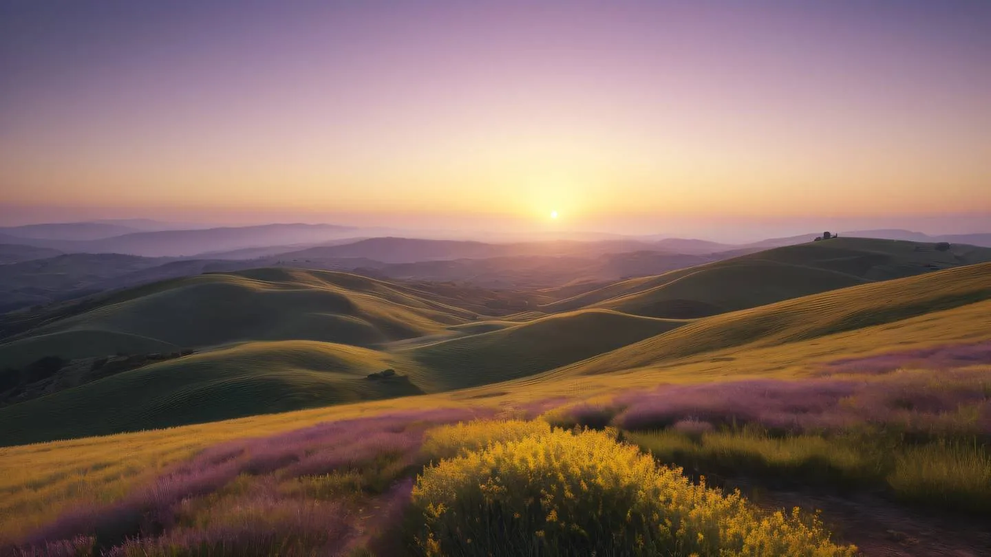 Minimalist landscape with rolling hills and a setting sun featuring canary yellow and lilac gradient colors photographed from a wide-angle perspective high-quality ultra-realistic cinematic 8K UHD high resolution sharp and detail