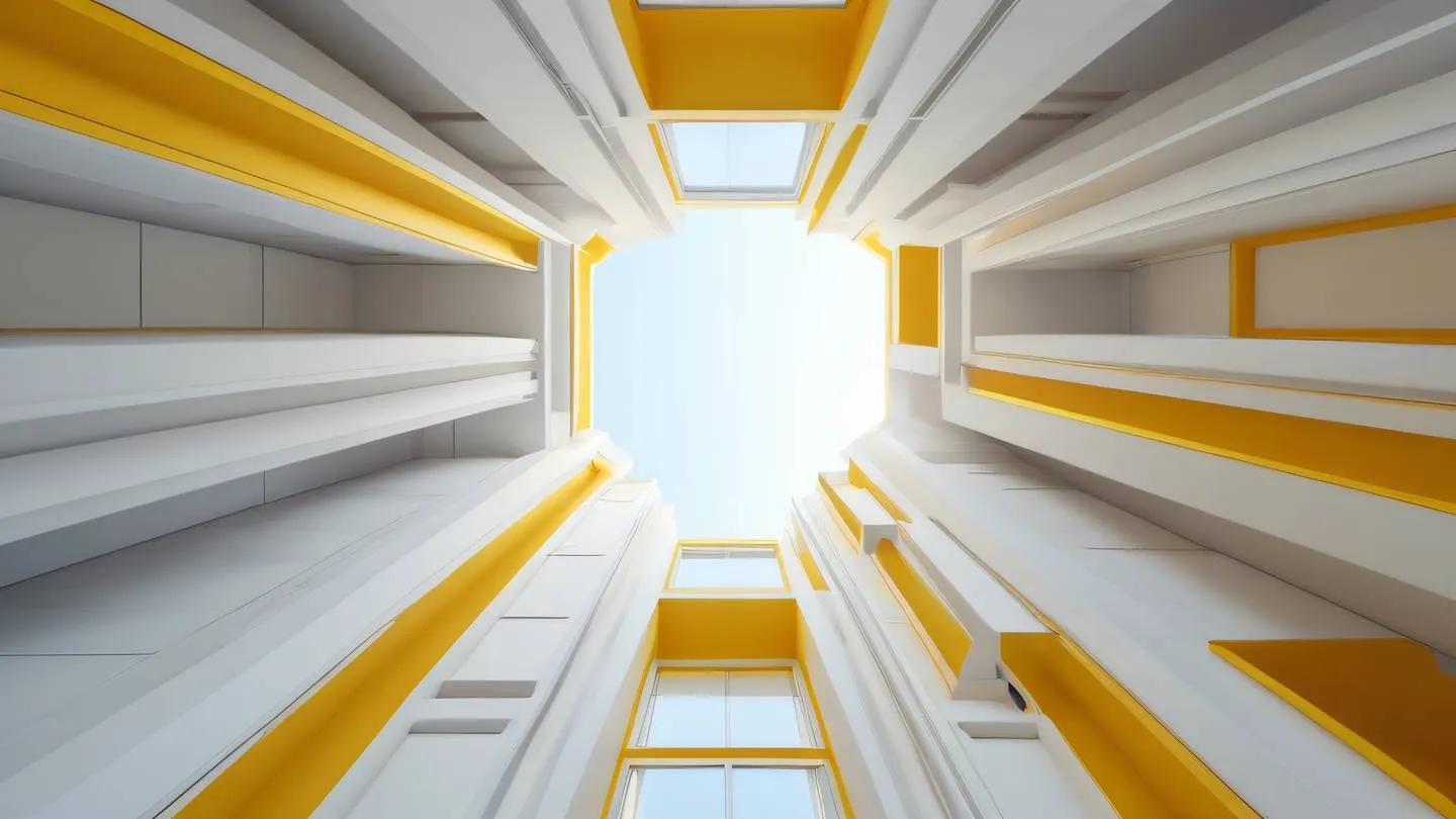 Abstract architectural forms with clean lines and geometric patterns featuring bright yellow and white colors with subtle gradients shot from an upward angle creating a sense of grandeur high-quality ultra-realistic cinematic 8K UHD high resolution sharp and detail