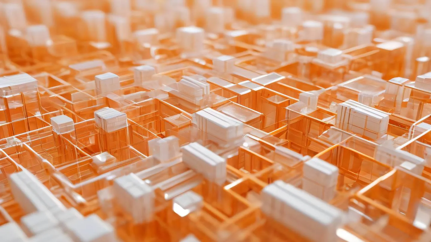 Abstract geometric crystalline structures in bright orange and white tones representing precision and organization macro camera angle highlighting the intricate patterns and reflections high-quality ultra-realistic cinematic 8K UHD high resolution sharp and detail