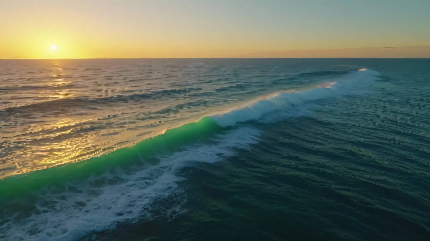 Serene ocean waves at sunset with bright lime green water merging with golden orange horizon aerial camera angle capturing the rhythmic patterns of waves high-quality ultra-realistic cinematic 8K UHD high resolution sharp and detail