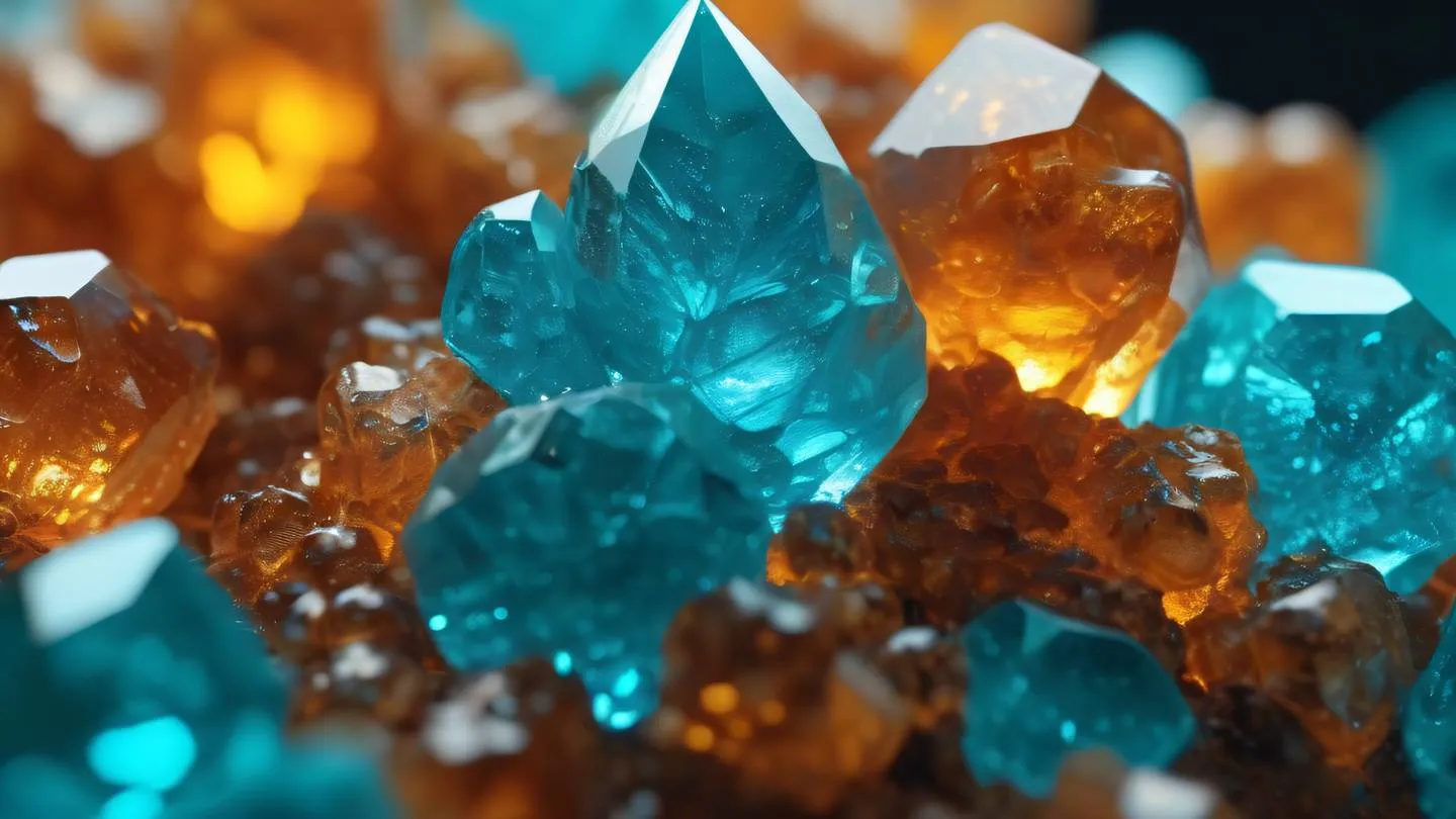 Iridescent gem clusters in bright aqua blue and amber orange tones creating a natural abstract composition macro close-up angle highlighting the crystal formations high-quality ultra-realistic cinematic 8K UHD high resolution sharp and detail