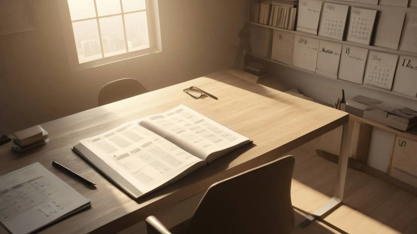 Modern minimalist workspace with scattered calendar pages and warm sunlight streaming through large windows featuring October mist and sand tones shot from above with dramatic lighting high-quality ultra-realistic cinematic 8K UHD high resolution sharp and detail