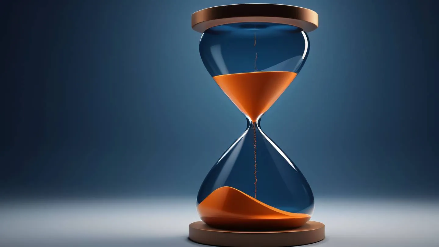 Abstract geometric shapes representing time flowing through an hourglass with flowing gradients of navy blue and orange creating a sense of motion captured from a side perspective with strong directional lighting high-quality ultra-realistic cinematic 8K UHD high resolution sharp and detail