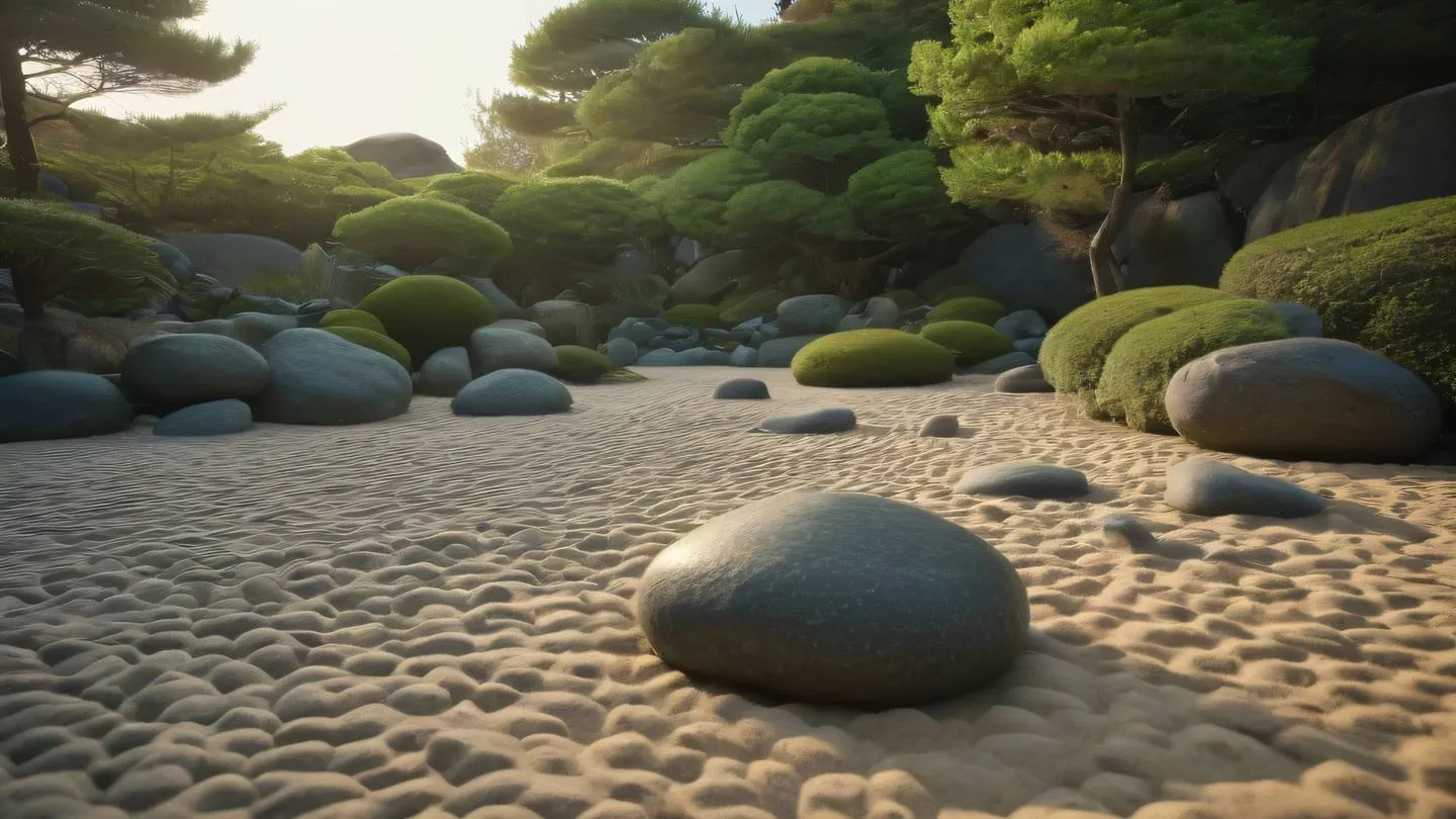 A serene Japanese rock garden with carefully arranged stones and raked sand patterns featuring stone blue and seaweed green colors photographed from a low angle during golden hour high-quality ultra-realistic cinematic 8K UHD high resolution sharp and detail