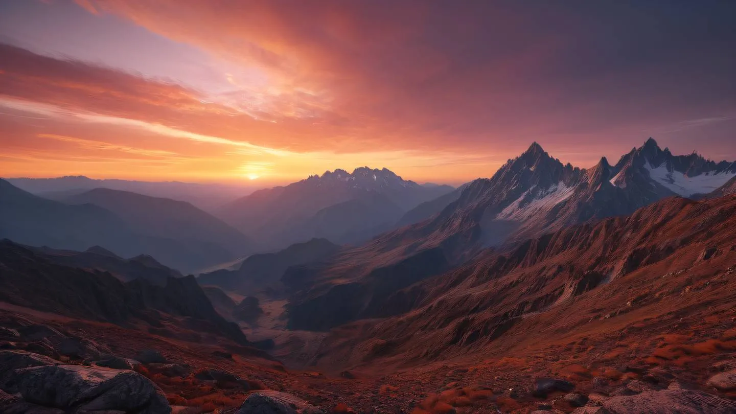 A peaceful mountain landscape at sunset with layered rocky peaks featuring maroon and orange hues in the sky captured from a wide-angle perspective with natural lighting high-quality ultra-realistic cinematic 8K UHD high resolution sharp and detail