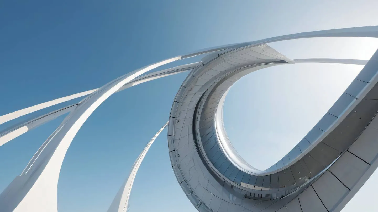 A futuristic architectural structure with flowing silver and white curves resembling a time piece or sundial shot from a low angle perspective against a clear sky high-quality ultra-realistic cinematic 8K UHD high resolution sharp and detail