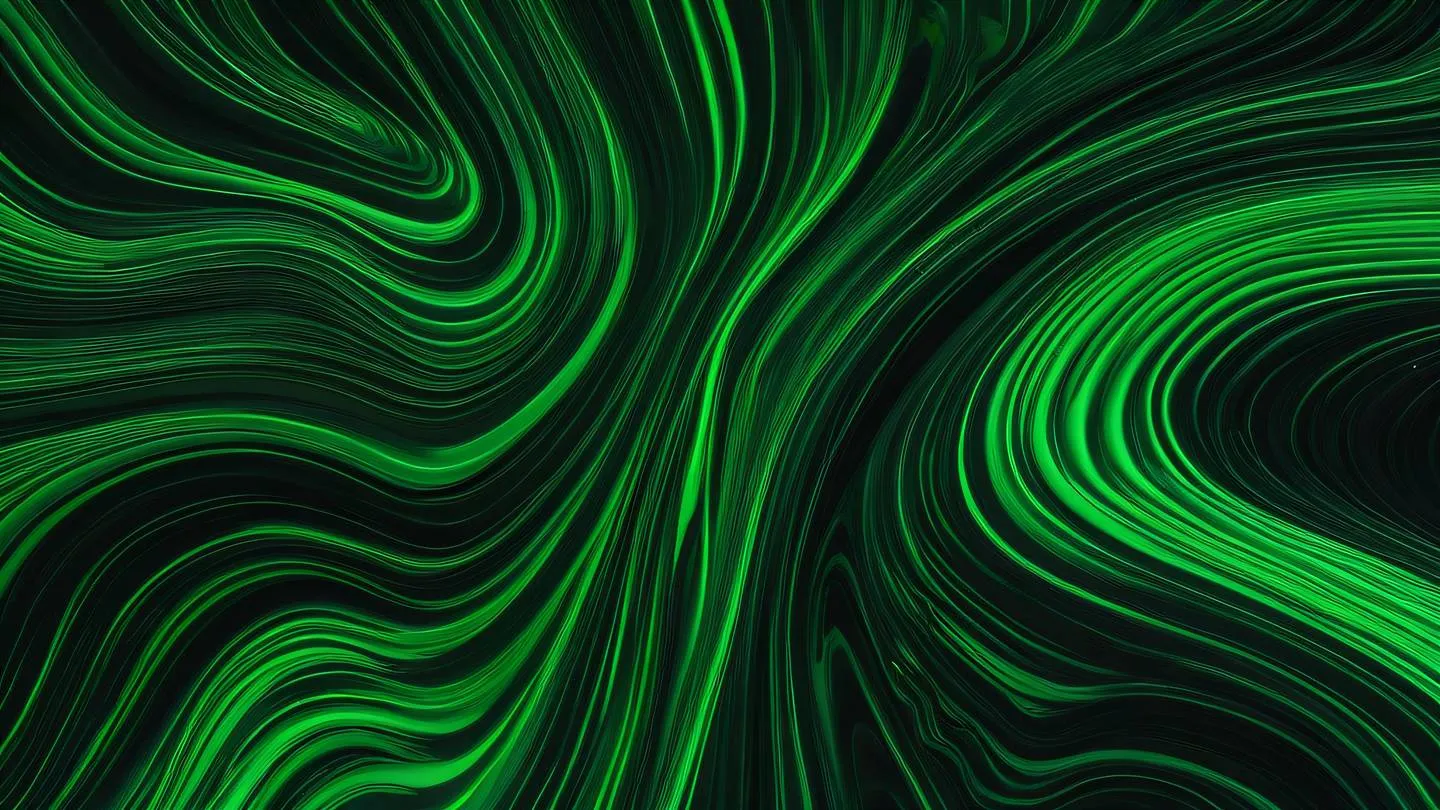 Abstract flowing liquid pattern resembling data streams and time waves bright electric green and obsidian black colors intertwining top-down aerial view high-quality ultra-realistic cinematic 8K UHD high resolution sharp and detail