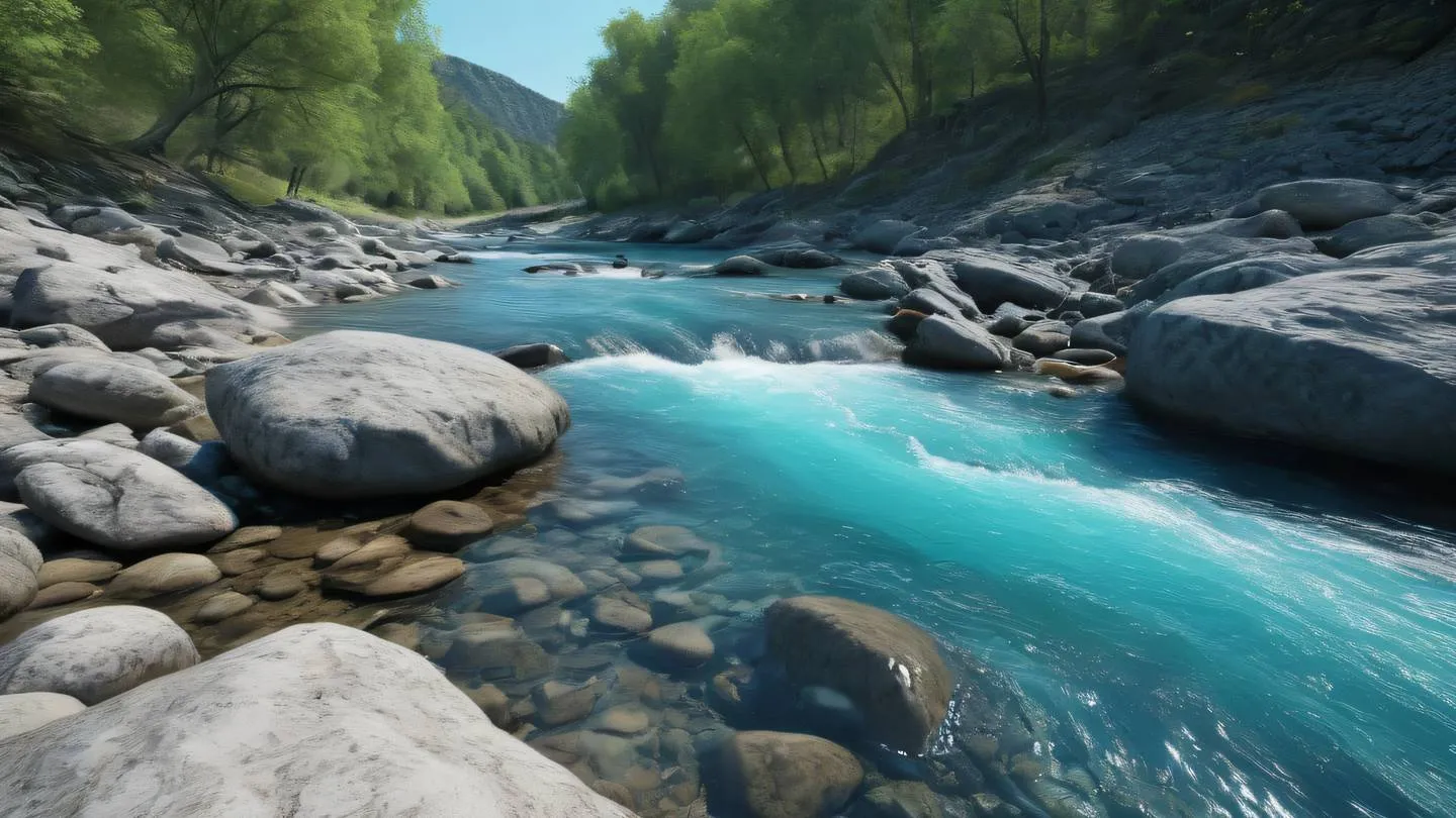 Flowing river through rocky terrain with multiple branching streams bright cyan blue water contrasting against natural stone low-angle perspective shot high-quality ultra-realistic cinematic 8K UHD high resolution sharp and detail