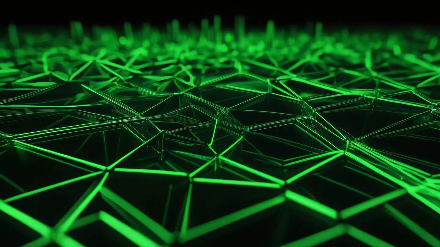 Abstract geometric patterns representing data flow and time series bright neon green crystalline structures against black background macro close-up shot high-quality ultra-realistic cinematic 8K UHD high resolution sharp and detail