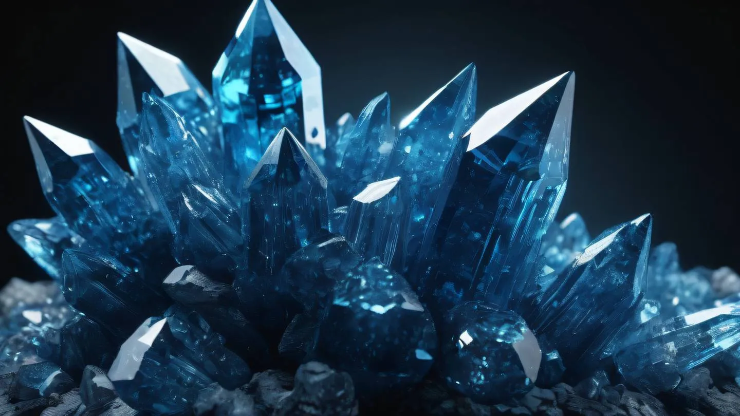 Crystalline formation with geometric patterns bright electric blue crystals with white highlights against dark background straight-on front view high-quality ultra-realistic cinematic 8K UHD high resolution sharp and detail