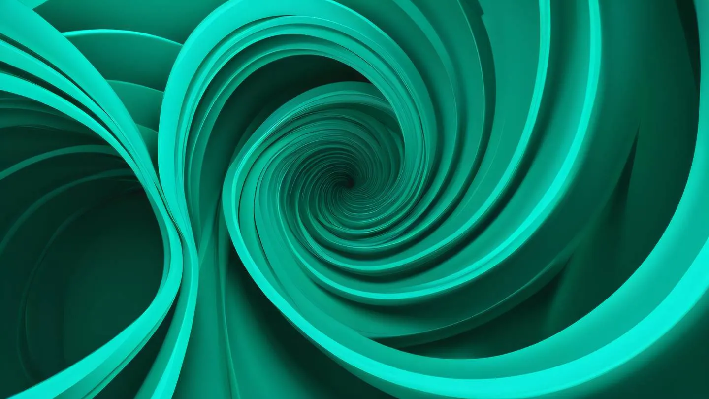 Dynamic abstract composition of interlocking curved shapes in bright turquoise and emerald green colors captured from low angle perspective representing the concept of modularity and extensibility high-quality ultra-realistic cinematic 8K UHD high resolution sharp and detail