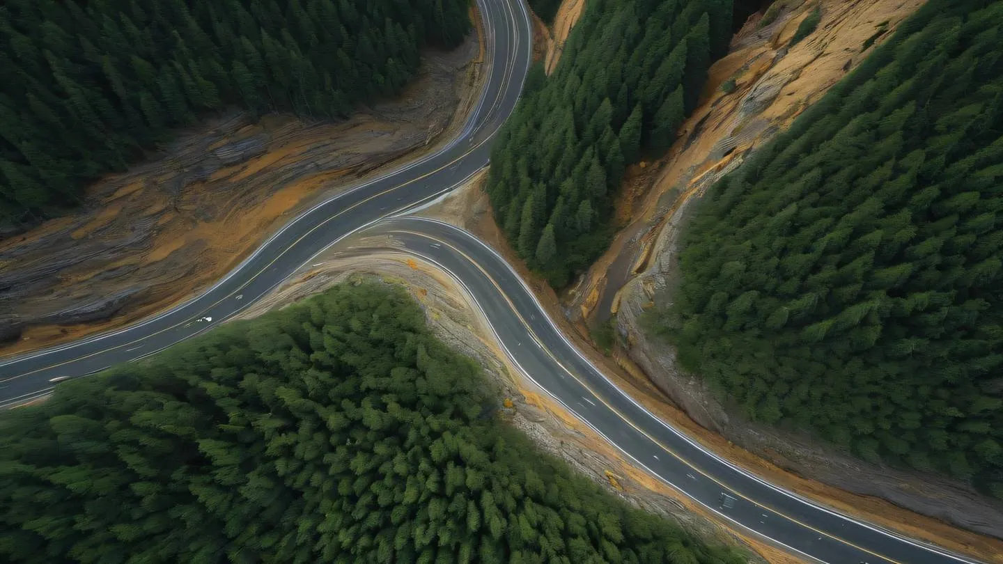 Aerial view of winding mountain roads intersecting like clock hands with dark green forest and butterscotch yellow rocky outcrops captured from a 45-degree angle high-quality ultra-realistic cinematic 8K UHD high resolution sharp and detail