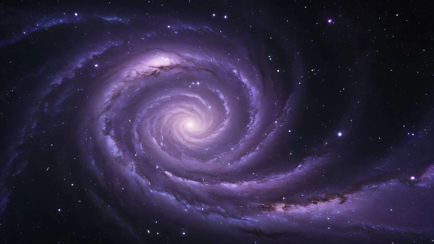 A spiral galaxy formation with streams of bright amethyst and black cosmic dust viewed from a slight upward angle featuring swirling patterns of stars and nebulae high-quality ultra-realistic cinematic 8K UHD high resolution sharp and detail