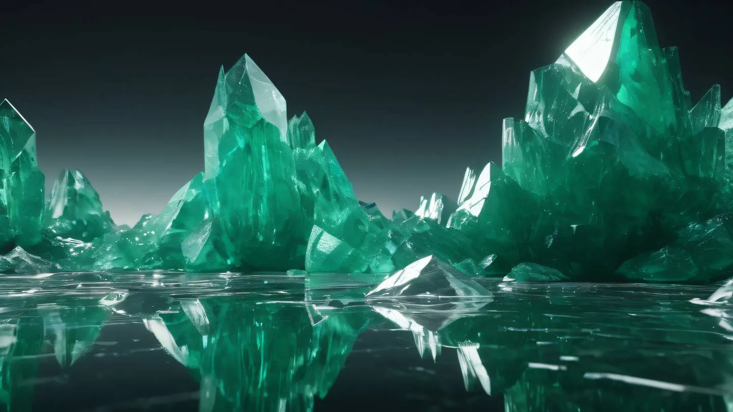 A minimalist landscape of crystalline formations reflecting light with emerald green and metallic silver elements arranged in geometric patterns shot from a low angle with dramatic side lighting high-quality ultra-realistic cinematic 8K UHD high resolution sharp and detail