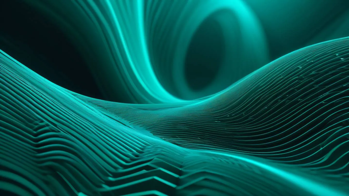 Abstract flowing patterns representing software architecture with interconnected geometric shapes and lines in bright cyan and emerald colors ultra-realistic cinematic 8K high resolution