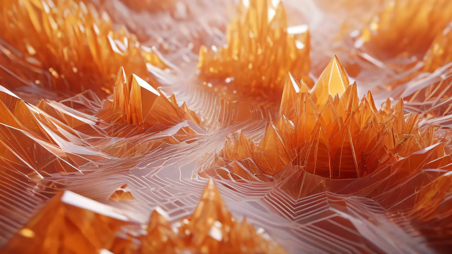 Flowing crystalline structures in warm colors with geometric patterns representing data flow aerial view high-quality ultra-realistic 8K sharp detail