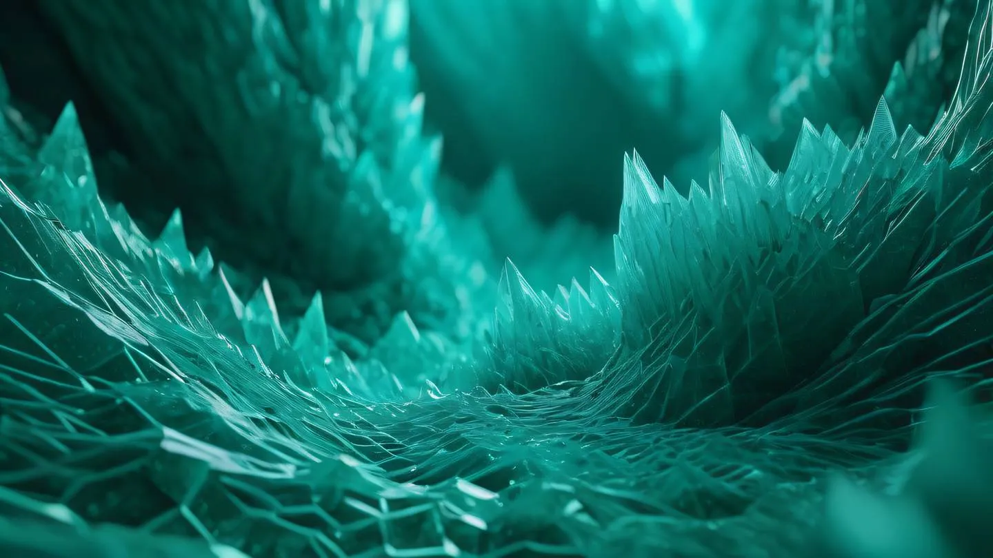 Crystalline formations interweaving in bright emerald and cyan colors representing code architecture high-quality ultra-realistic cinematic 8K sharp detail