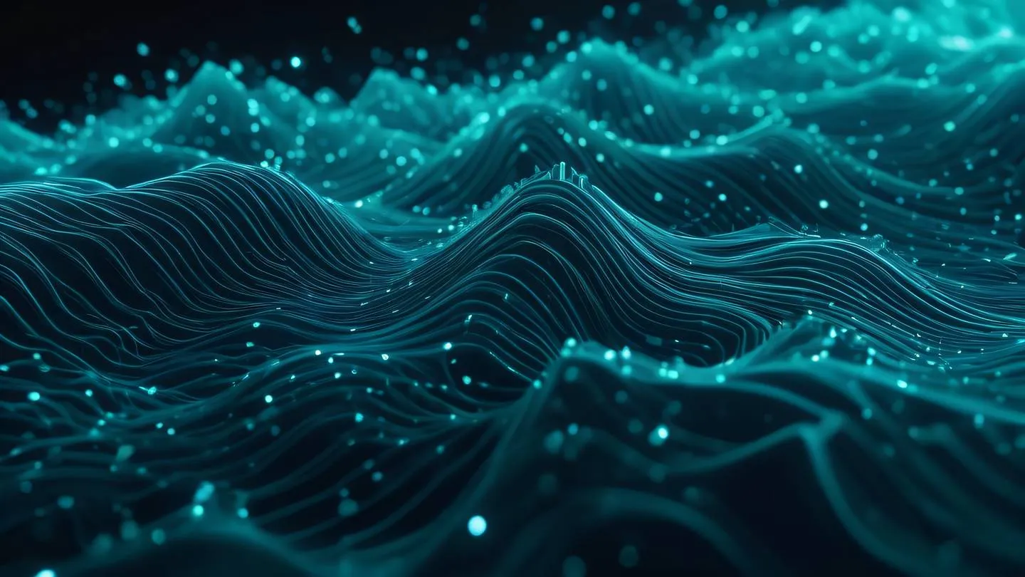 Abstract geometric patterns forming a flowing data stream with bright cyan crystals and teal light trails against a deep navy backdrop high-quality ultra-realistic cinematic 8K UHD high resolution sharp and detail