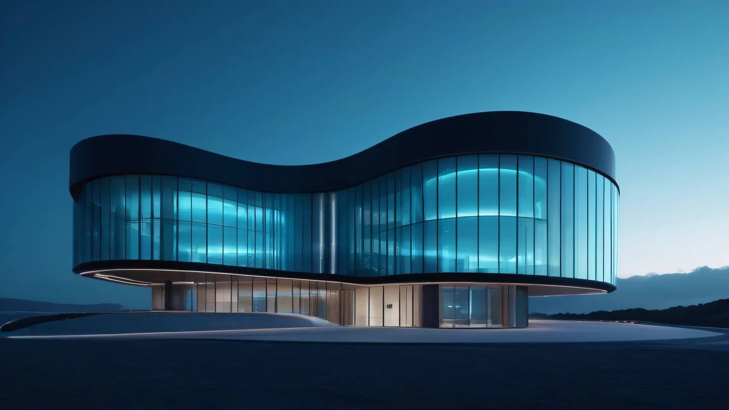 Modern minimalist architecture with flowing curves and sharp angles illuminated by cyan and teal lighting against a twilight navy sky high-quality ultra-realistic cinematic 8K UHD high resolution sharp and detail