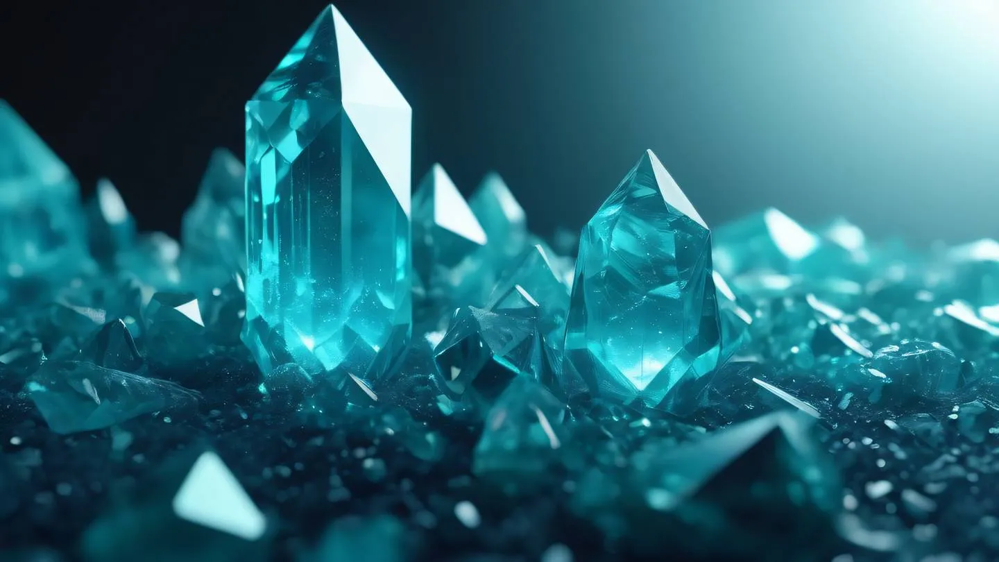 Crystal geometric formations with glowing cyan and teal light emanating from within set against a clean white and navy gradient background high-quality ultra-realistic cinematic 8K UHD high resolution sharp and detail