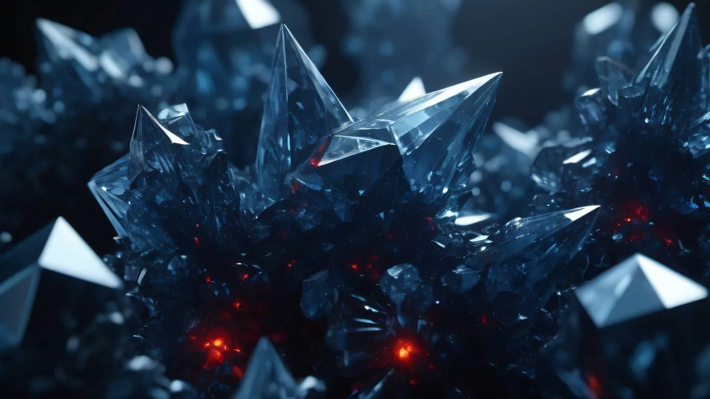 Abstract geometric crystal formations in bright zinc and navy blue colors with glowing red energy cores arranged in a harmonious pattern against a dark background high-quality ultra-realistic cinematic 8K UHD high resolution sharp and detail