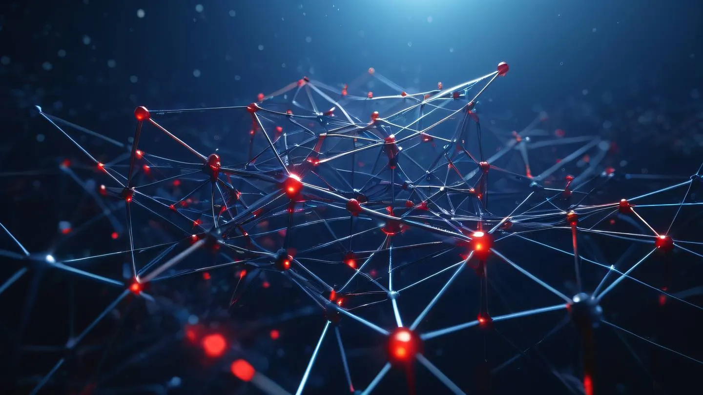 Crystalline network structure with bright red and navy blue gradient nodes connected by glowing zinc-colored lines floating in a star-filled space National Geographic style high-quality ultra-realistic cinematic 8K UHD high resolution sharp and detail