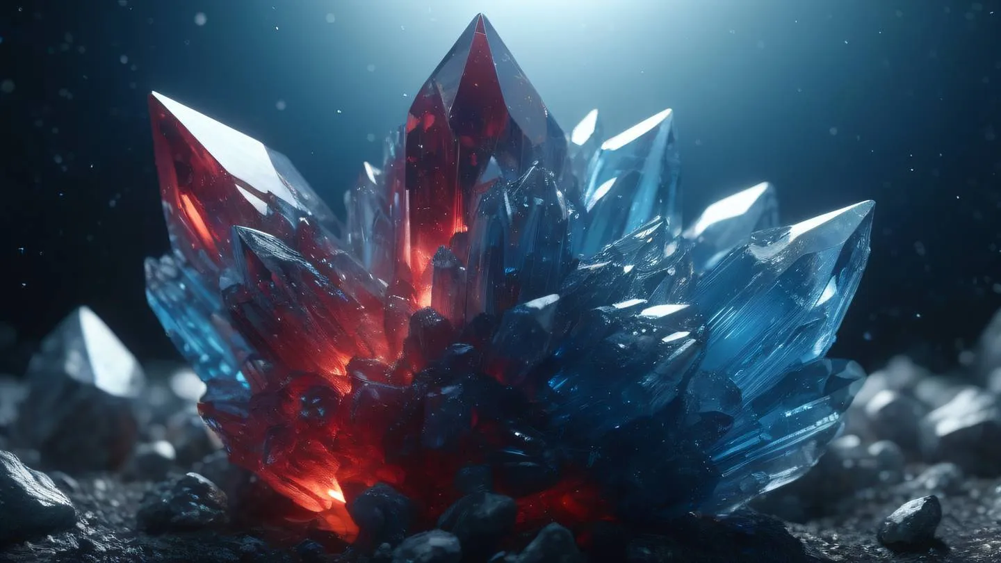 Abstract technological crystal formation with bright red gray blue and zinc color scheme emanating a soft glow against a cosmic background ultra-realistic cinematic 8K UHD high resolution sharp and detail