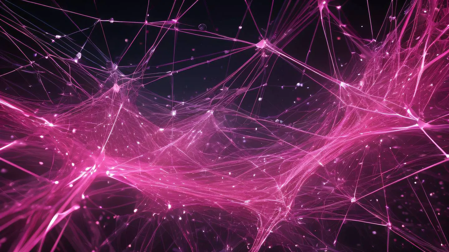 Abstract digital art representing data flow through connected nodes featuring bright pink and silver streams of light flowing through a crystalline network structure ultra-realistic cinematic 8K high resolution sharp details