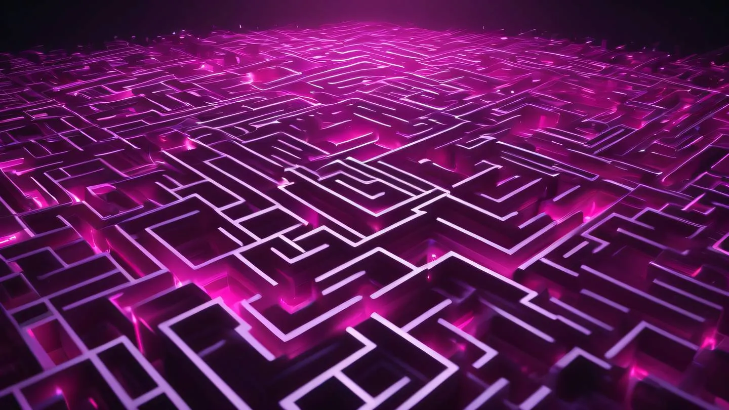 Futuristic network of luminous pathways forming a maze-like pattern glowing with vivid pink and silver colors suspended in space ultra-realistic cinematic quality 8K UHD