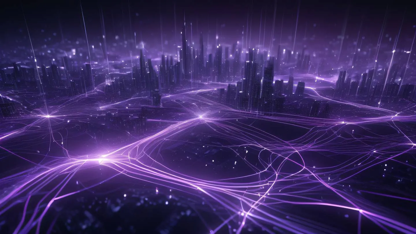 Abstract technological landscape with flowing silver and purple light streams forming a complex network pattern representing digital transformation high-quality ultra-realistic cinematic 8K UHD sharp and detailed