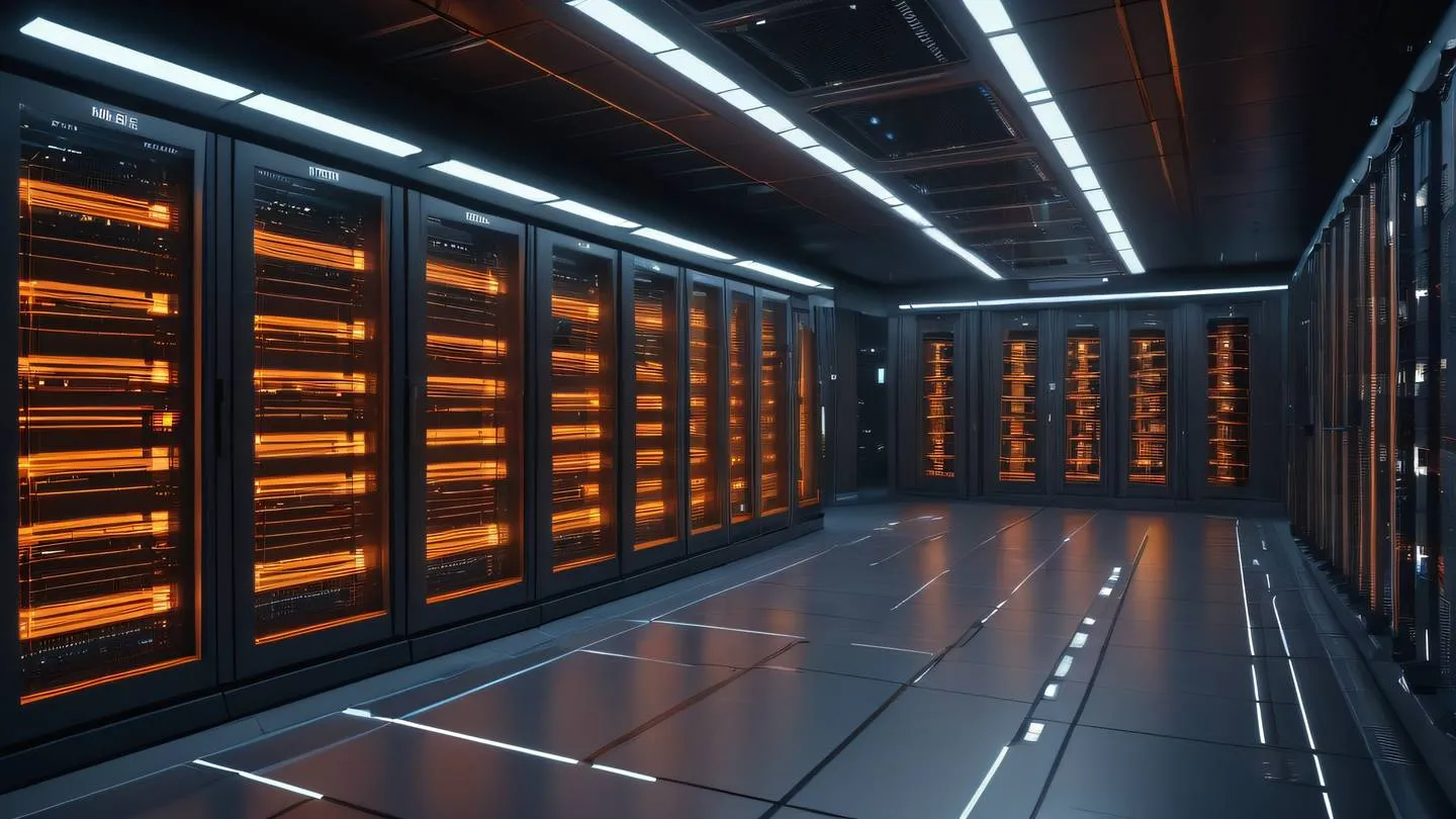 A futuristic server room with glowing orange and white circuit patterns floating holographic displays showing deployment status ultra-realistic cinematic 8K UHD high resolution sharp and detail