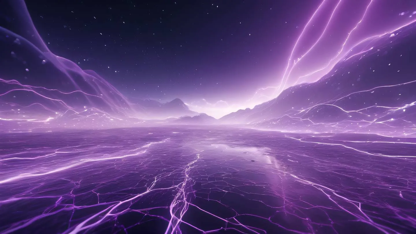 Abstract technological landscape with flowing violet and white energy streams representing data flow and cloud infrastructure high-quality ultra-realistic cinematic 8K UHD high resolution sharp and detail