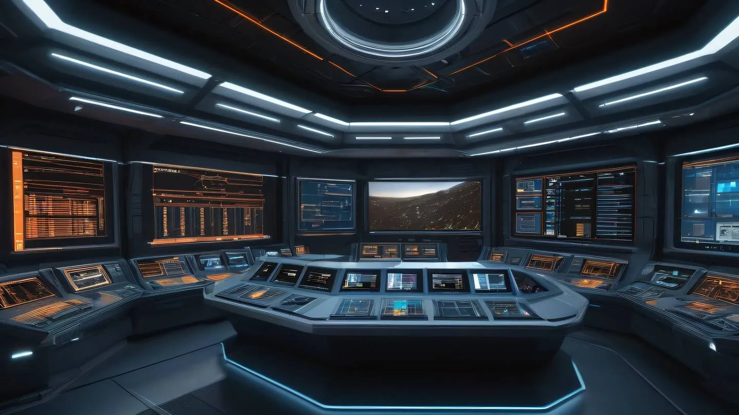 Modern space station control center with bright orange and natural light streaming through large windows floating holographic interfaces high-quality ultra-realistic cinematic 8K UHD high resolution sharp and detail