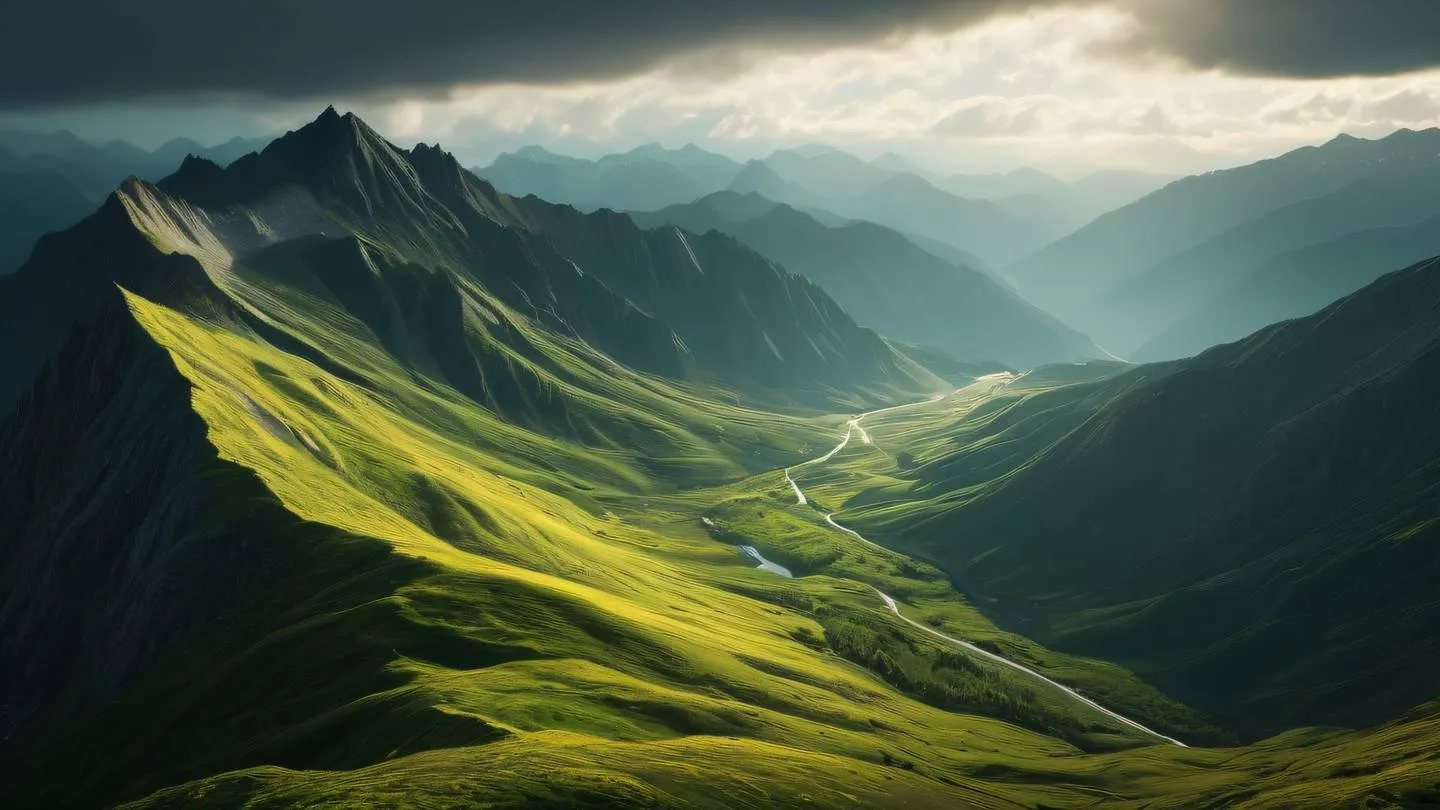 A serene and minimalist mountain landscape with emerald green valleys and bright yellow sunlight breaking through clouds ultra-realistic cinematic quality 8K resolution sharp details high contrast between light and shadows